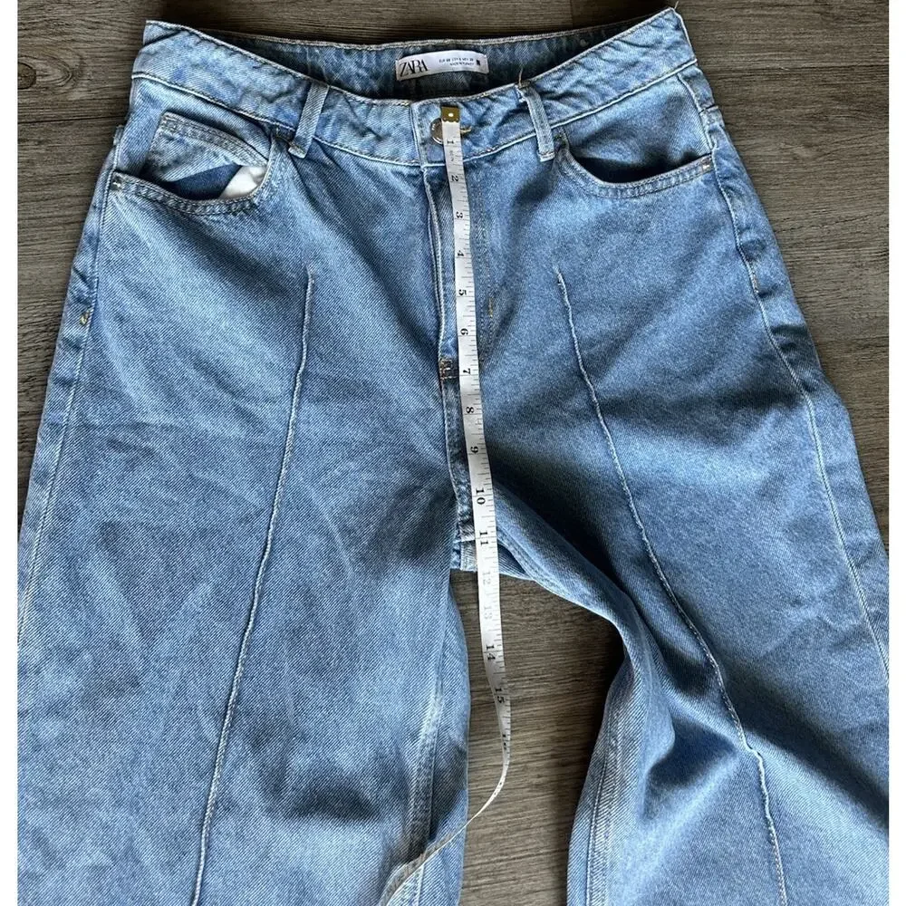 Zara Logo High-Waisted Cropped Wide Leg Jean Sz 6 Blue For Womens Cotton 100% - Picture 6 of 16